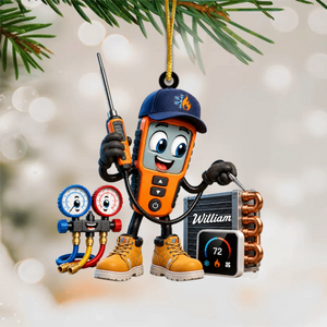 HVAC Digital Meter Mascot Holding Temperature Probe Ornament β Funny Personalized Gift for AC Technicians
