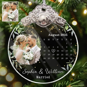 Custom Photo Calendar Married Engaged Wedding Gift - Personalized Glass Ornament With Silver Cap