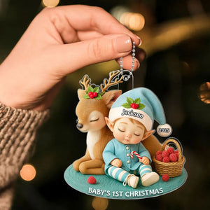 Baby's 1st Christmas Ornament – Cute Elf & Reindeer Personalized Acrylic Ornament