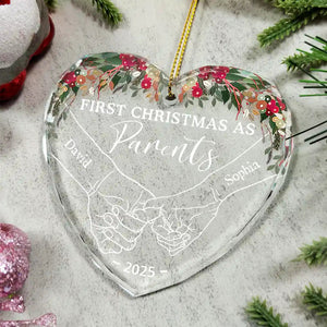 Holding Hands First Christmas Couple - Personalized Circle & Heart Glass Ornament