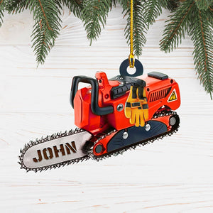 Personalized Arborist Ornament: Chainsaw & Pine Tree, Acrylic Xmas Decoration