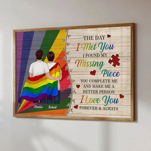 Colorful Wood Pallets The Day I Met You LGBTQ Couple Hugging Flag Personalized Poster, Pride Month Gift