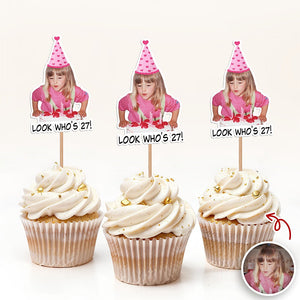 Funny Birthday Party Decor β Custom Retro Childhood Photo Personalized Cupcake Topper