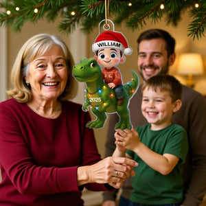 Cute Cartoon Kid With Dinosaur Christmas Personalized Flat Acrylic Ornament, Fun & Unique Gift For Kids, Grandkids