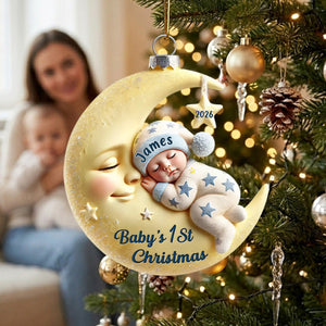 Baby On Moon First Christmas Star Personalized Acrylic Ornament