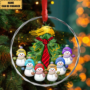 Personalized Little Snowman And Red Tie Christmas Tree Glass Ornament