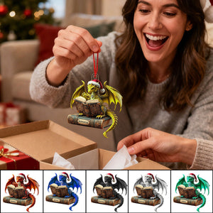 Dragon Reading Book Christmas Ornament, Personalized Ornament