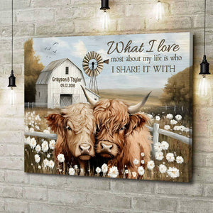 Farmhouse Highland Cow Wall Art Canvas Poster Personalized Couple Anniversary Decor Gift
