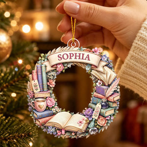 "Reading Is A Journey" β Personalized Christmas Wreath Acrylic Hanging Ornament | Gift For Book Lovers