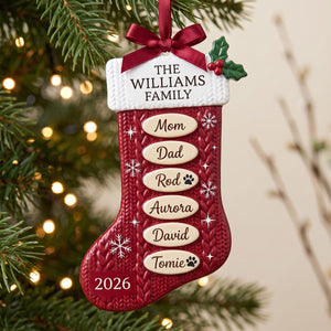 Personalized Red Knit Stocking Family Ornament β Custom Family Name, Year & 10 Names | Acrylic Custom Shape Keepsake