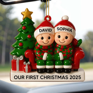 Couple Our First Christmas With Christmas Tree and Gifts, Personalized Wood Ornament