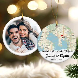 Personalized Couple Location Map Engagement Ornament - Custom Map & Photo Gift