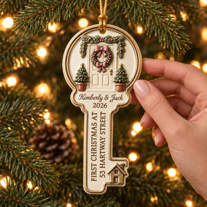 First Christmas In Our New Home โ Personalized Key Acrylic Ornament | Custom Names, Address & Year Housewarming Keepsake