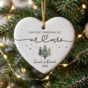 Personalized "Our First Christmas As Mr. & Mrs." Heart Ceramic Ornament ā Custom Couple Names & Year | Minimalist Newlywed Keepsake