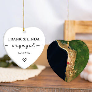 Engagement Ornament - Custom Map Personalized Heart-shaped Ceramic Ornament