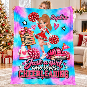 Just A Girl Who Loves Cheerleading – Personalized Fleece Blanket | Custom Name Christmas Gift For Daughters, Granddaughters & Cheerleaders