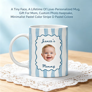 A Tiny Face, A Lifetime Of Love - Personalized Mug, Gift For Mom, Custom Photo Keepsake, Minimalist Pastel Color Stripe Design