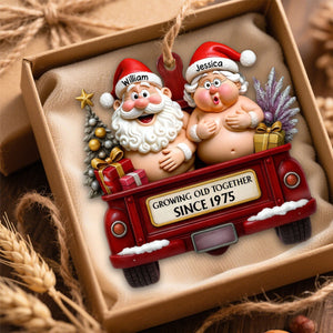 Growing Old Together Red Truck With Santa And Mrs. Claus Ornament, Custom Acrylic Ornament, Gift For Couples And Parents
