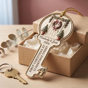 First Christmas In Our New Home โ Personalized Key Acrylic Ornament | Custom Names, Address & Year Housewarming Keepsake