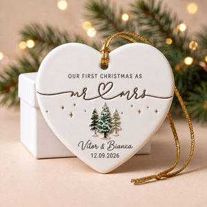 Personalized "Our First Christmas As Mr. & Mrs." Heart Ceramic Ornament ā Custom Couple Names & Year | Minimalist Newlywed Keepsake
