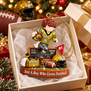 Personalized Just A Boy Who Loves Football Ornament, Custom Player Name & Number Christmas Gift