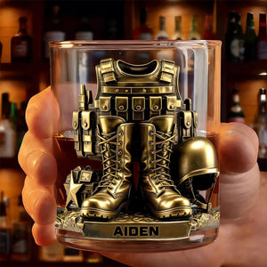 Custom Name 250th US Military Whiskey Glass Gold, Soldier Boots Whiskey Glass