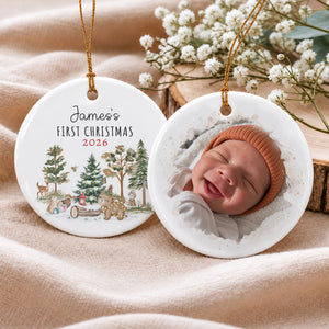 Baby’s First Christmas 2026 – Personalized Double-Sided Photo Ceramic Ornament | Custom Name Woodland Keepsake For New Parents & Grandparents