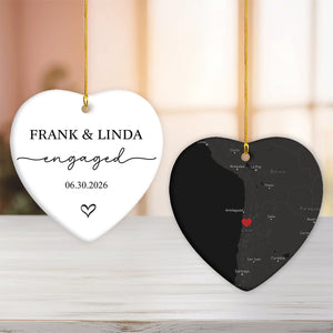 Engagement Ornament - Custom Map Personalized Heart-shaped Ceramic Ornament