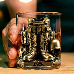 Custom Name 250th US Military Whiskey Glass Gold, Soldier Boots Whiskey Glass