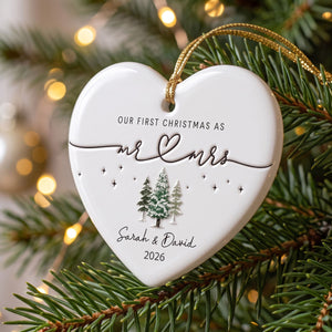 Personalized "Our First Christmas As Mr. & Mrs." Heart Ceramic Ornament ā Custom Couple Names & Year | Minimalist Newlywed Keepsake
