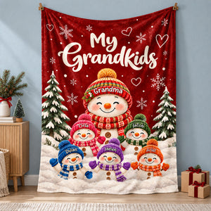 Personalized Grandkids Snowman Christmas Fleece Blanket – Custom Grandchildren’s Names Throw | Holiday Gift For Grandma & Nana