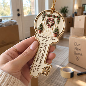 First Christmas In Our New Home โ Personalized Key Acrylic Ornament | Custom Names, Address & Year Housewarming Keepsake
