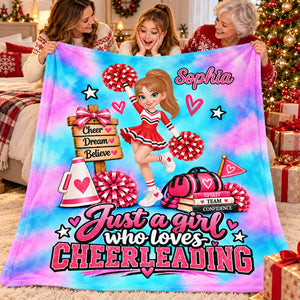 Just A Girl Who Loves Cheerleading – Personalized Fleece Blanket | Custom Name Christmas Gift For Daughters, Granddaughters & Cheerleaders