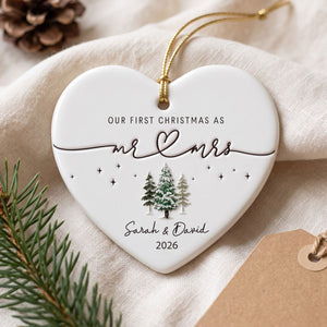 Personalized "Our First Christmas As Mr. & Mrs." Heart Ceramic Ornament ā Custom Couple Names & Year | Minimalist Newlywed Keepsake