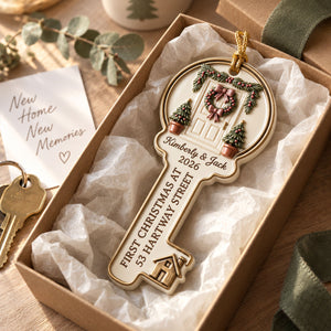 First Christmas In Our New Home โ Personalized Key Acrylic Ornament | Custom Names, Address & Year Housewarming Keepsake