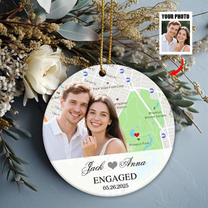 Engagement Ornament - Custom Map & Photo Gift Ceramic Ornament for Couple