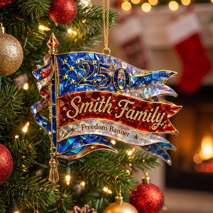 Personalized "Freedom Banner" America 250th Acrylic Ornament β Hologram Patriotic Family Keepsake