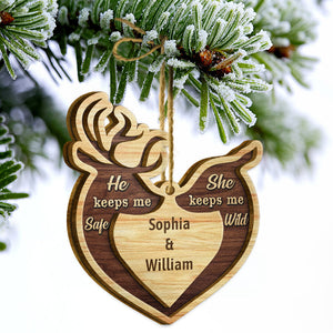 Deer Couple He Keeps Me Safe - Personalized Xmas 2 Layered Wooden Ornament