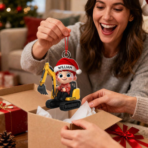 Cartoon Kid With Dinosaur Excavator Christmas - Personalized Acrylic Ornament - Unique Gift For Grandkids