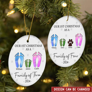 First Christmas As A Family Of Four Footprints - Personalized Ceramic Ornament