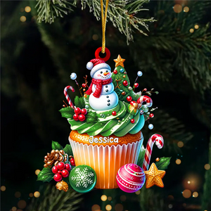 Personalized Santa Hat Cupcake Acrylic Ornament - Custom Holiday Tree Charm