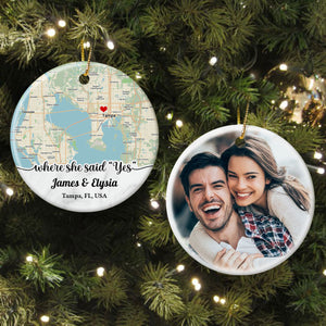 Personalized Couple Location Map Engagement Ornament - Custom Map & Photo Gift