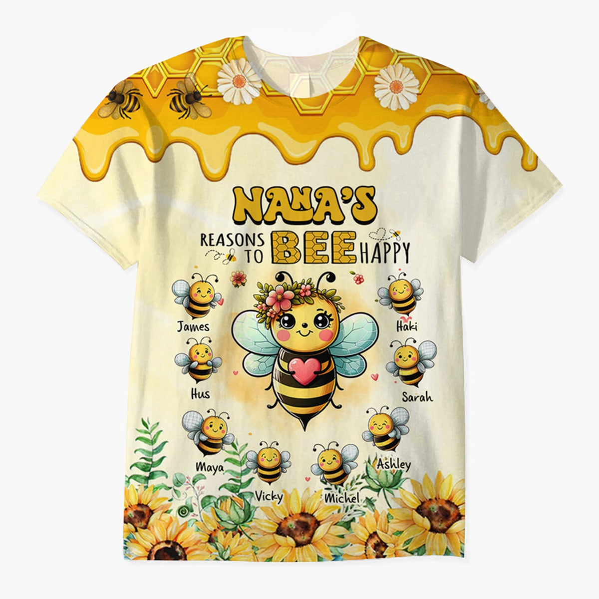 Grandma's Reasons To Bee Happy Personalized 3D T-shirt