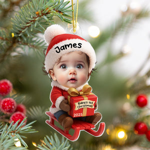 Baby Festive Cheer on a Sled Personalized Acrylic Christmas Ornament, 2025 Keepsake for Newborn