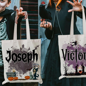 Personalized Halloween Canvas Tote Bag - Pumpkin Witch Black Cat Castle Skeleton Ghost