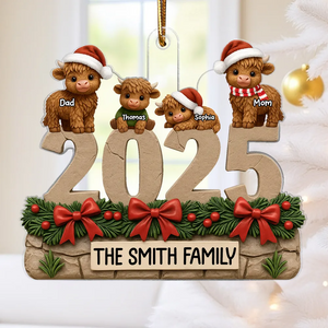 Christmas Highland Cows Family Dad Mom Kids - Personalized Acrylic Ornament