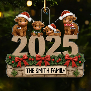 Christmas Highland Cows Family Dad Mom Kids - Personalized Acrylic Ornament