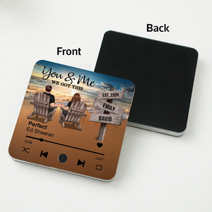 Romantic Beach Landscape Couple Sitting Holding Hands Sign Posts Personalized Music Fridge Magnet