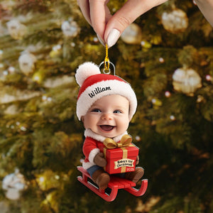 Baby Festive Cheer on a Sled Personalized Acrylic Christmas Ornament, 2025 Keepsake for Newborn