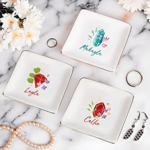 Personalized Birthstone Ceramic Square Trinket Jewelry Dish With Name, Gift For Girls Women